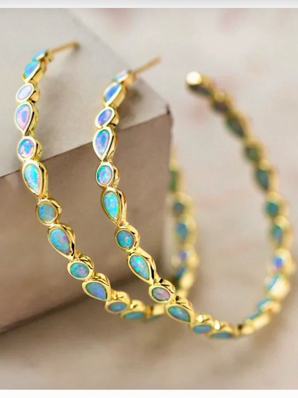 Gold Hoop Earrings with Blue Opal Accents
